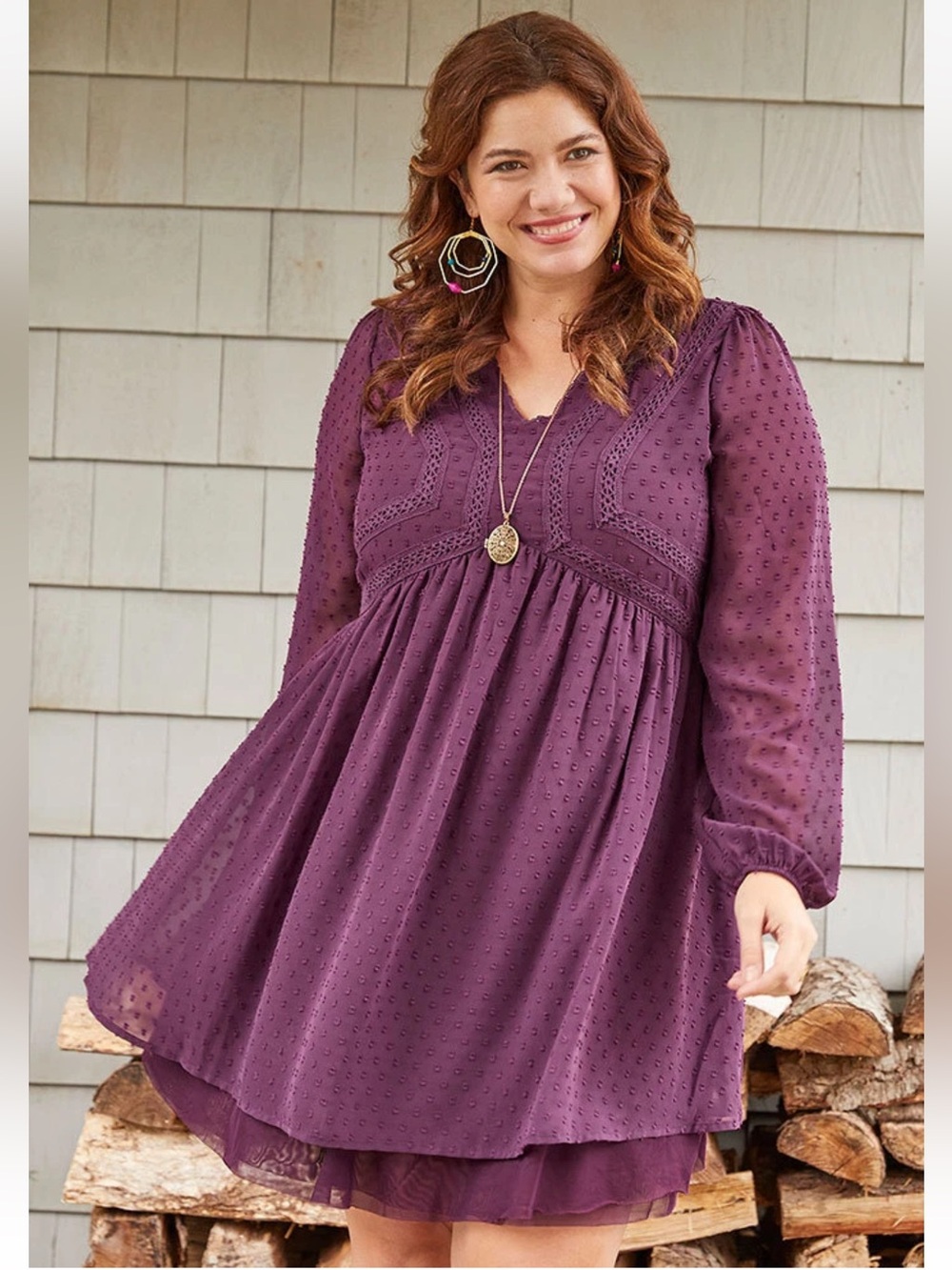 Matilda Jane Festive Fancy Plum Purple Swiss Dot Long Sleeve Dress, Women's XL